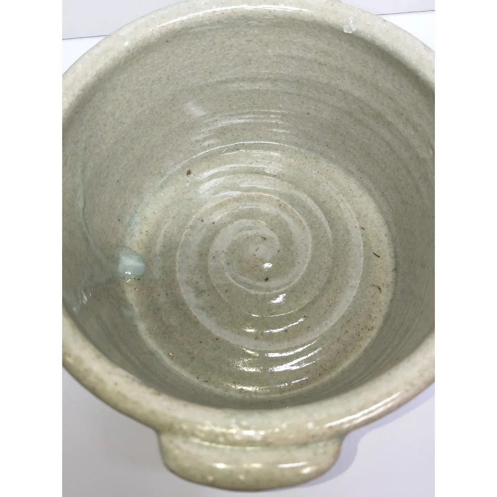 Vintage Handmade Art Pottery Serving Bowl Sage Green Artist Signed 6.5